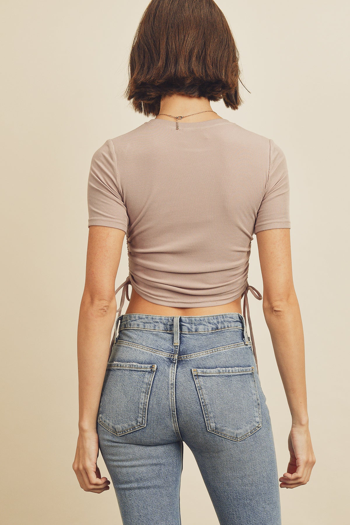 Ribbed Knit Drawstring Ruched Short Sleeve Tee - Mauve