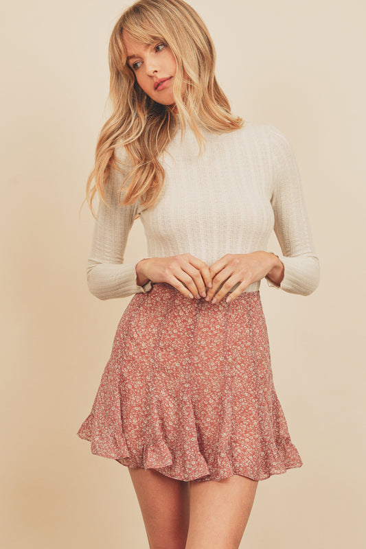 Floral Ruffled Mini Skirt - Mauve/Cream