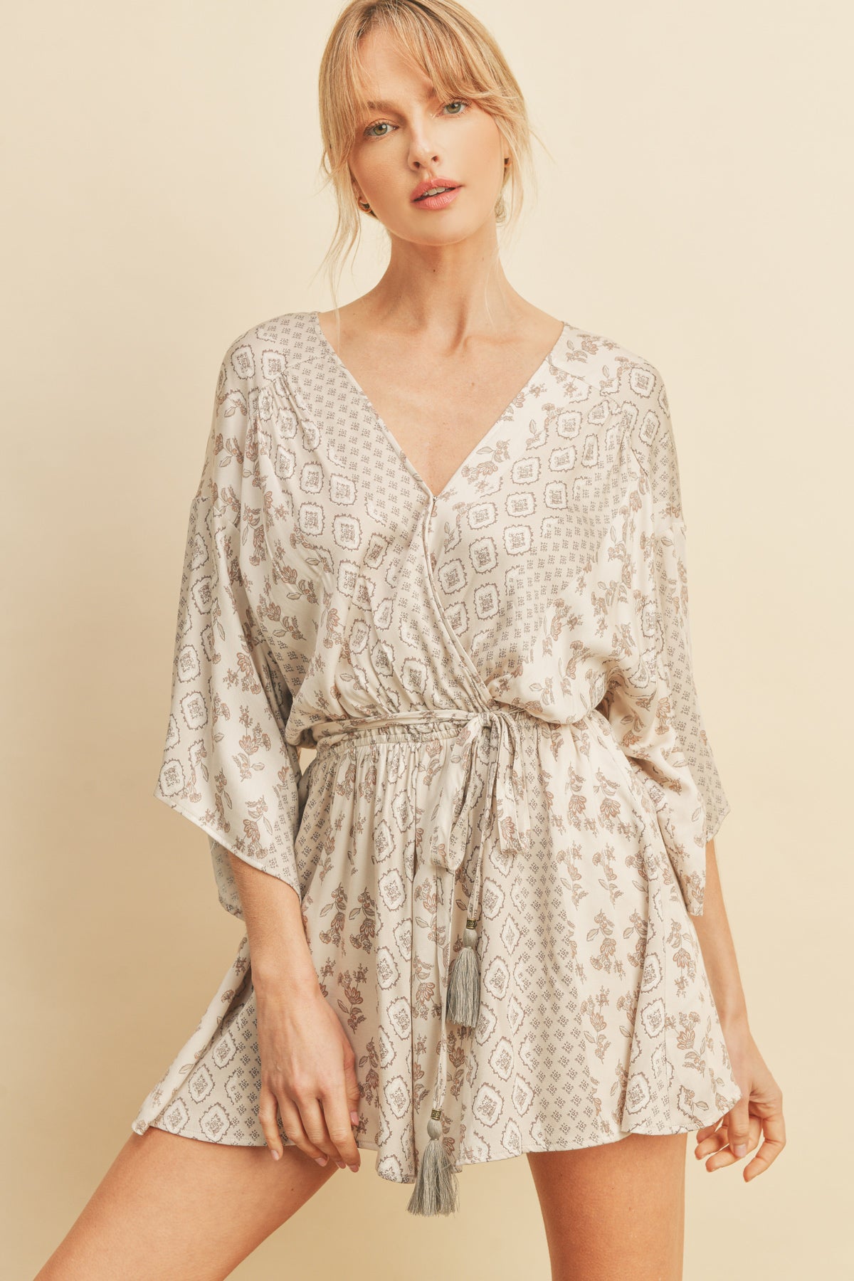 Wonderous Kimono Sleeve Romper - Natural/Taupe