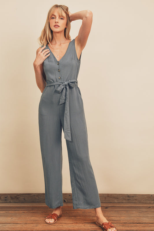 Button-Down Sash Belt Jumpsuit - Washed Teal
