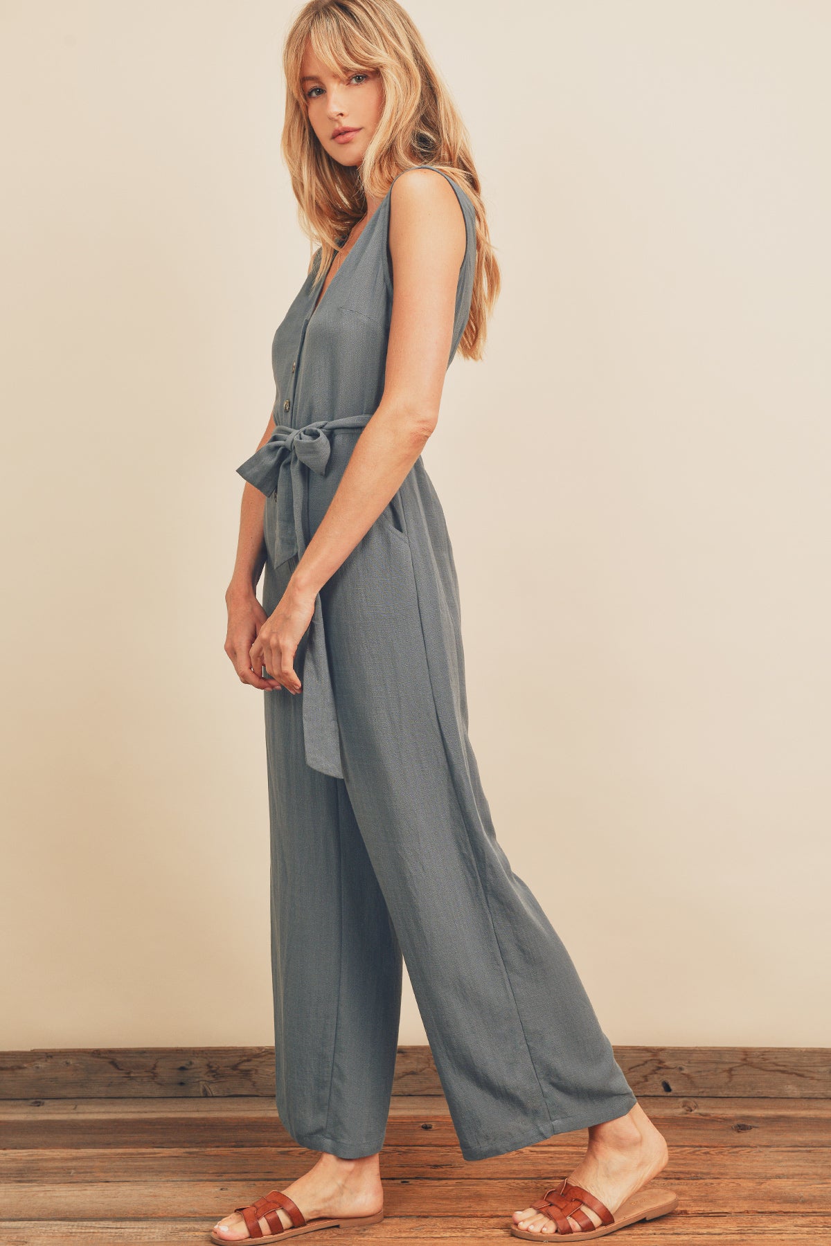 Button-Down Sash Belt Jumpsuit - Washed Teal