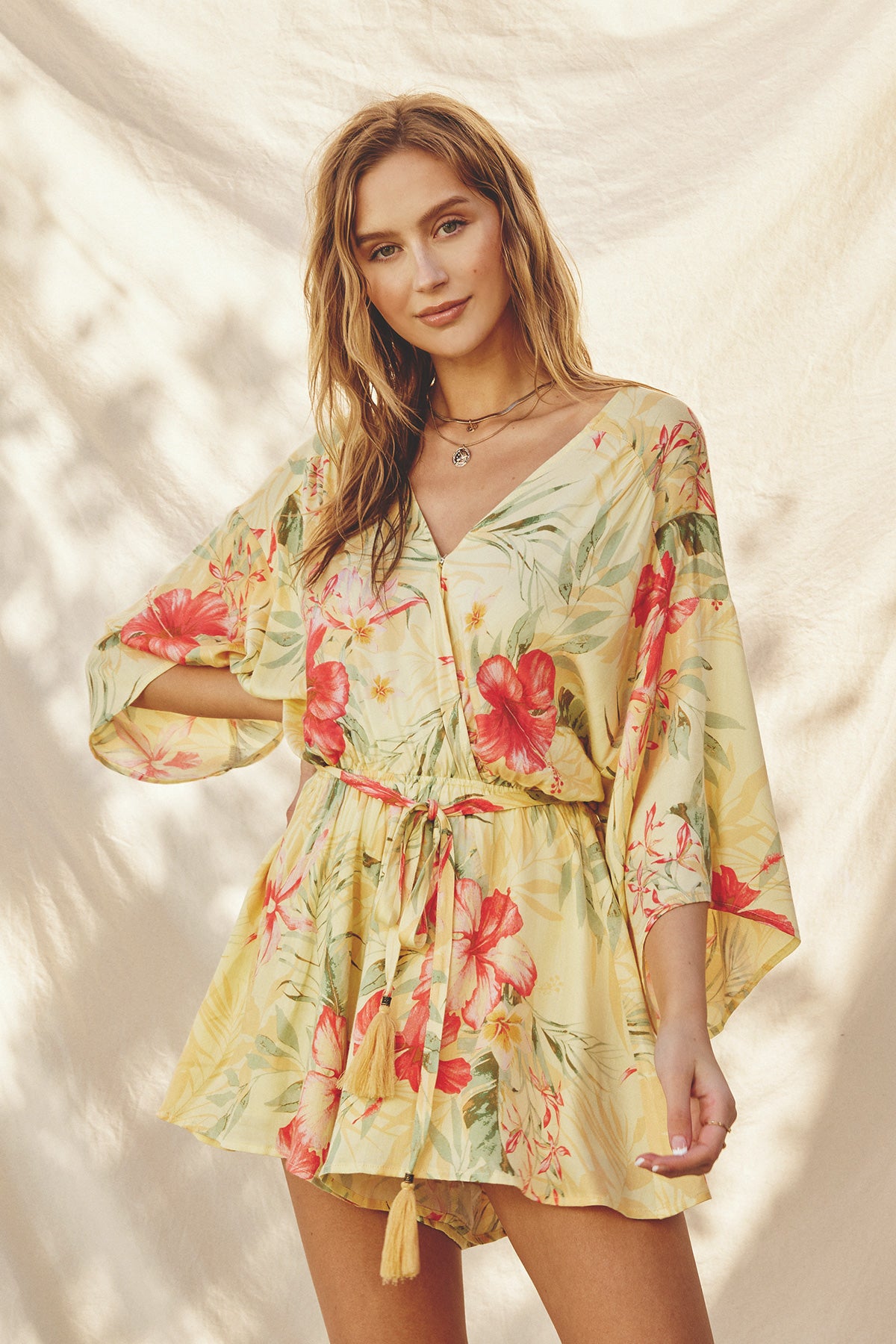 Quiet Solitude Kimono Sleeve Romper - Sunset Garden