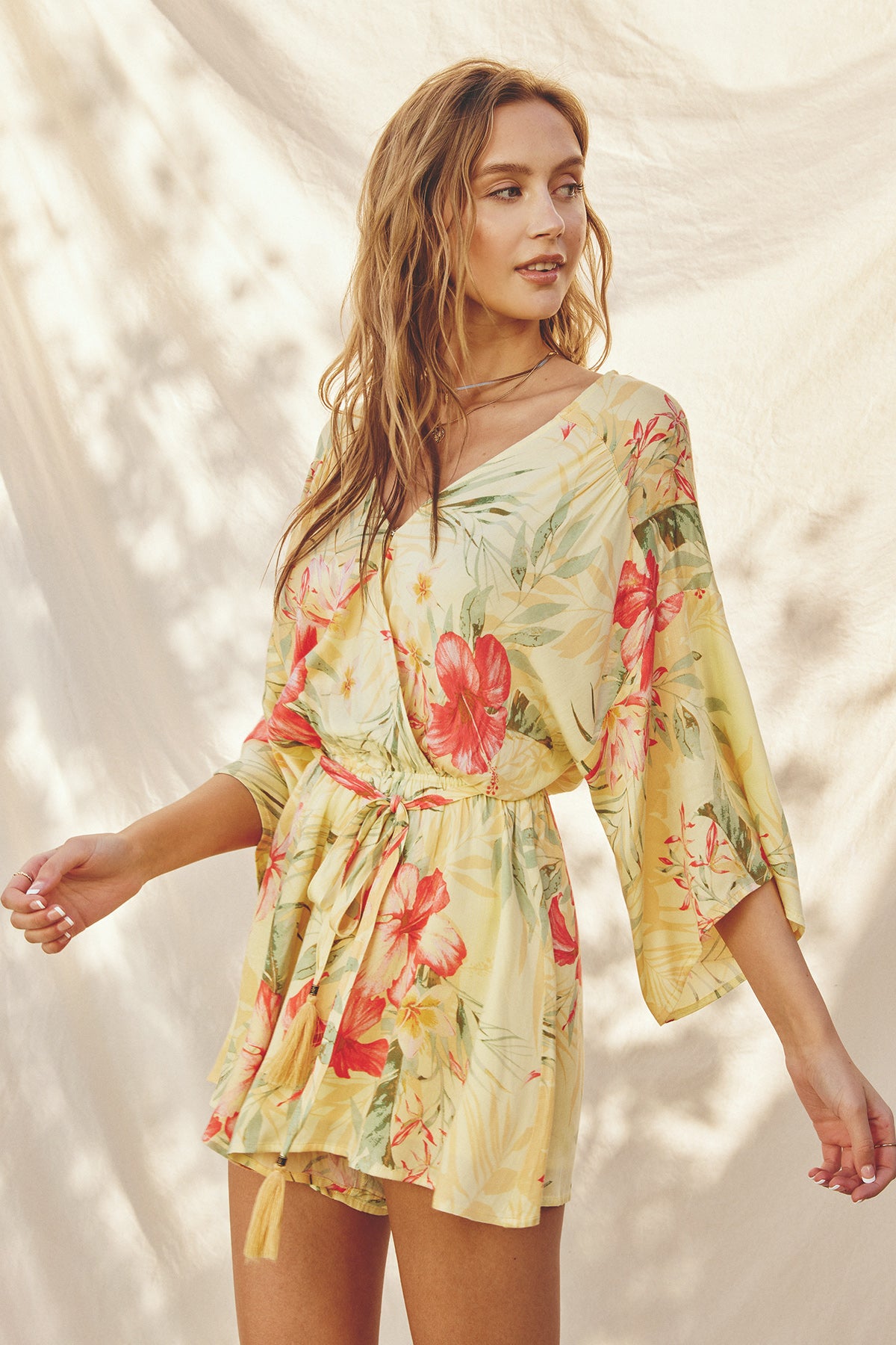 Quiet Solitude Kimono Sleeve Romper - Sunset Garden