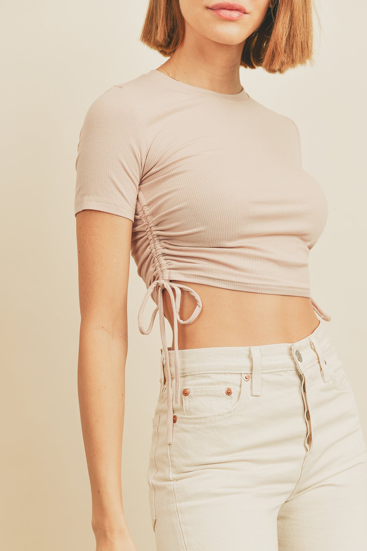 Ribbed Knit Drawstring Ruched Short Sleeve Tee - Blushed Nude