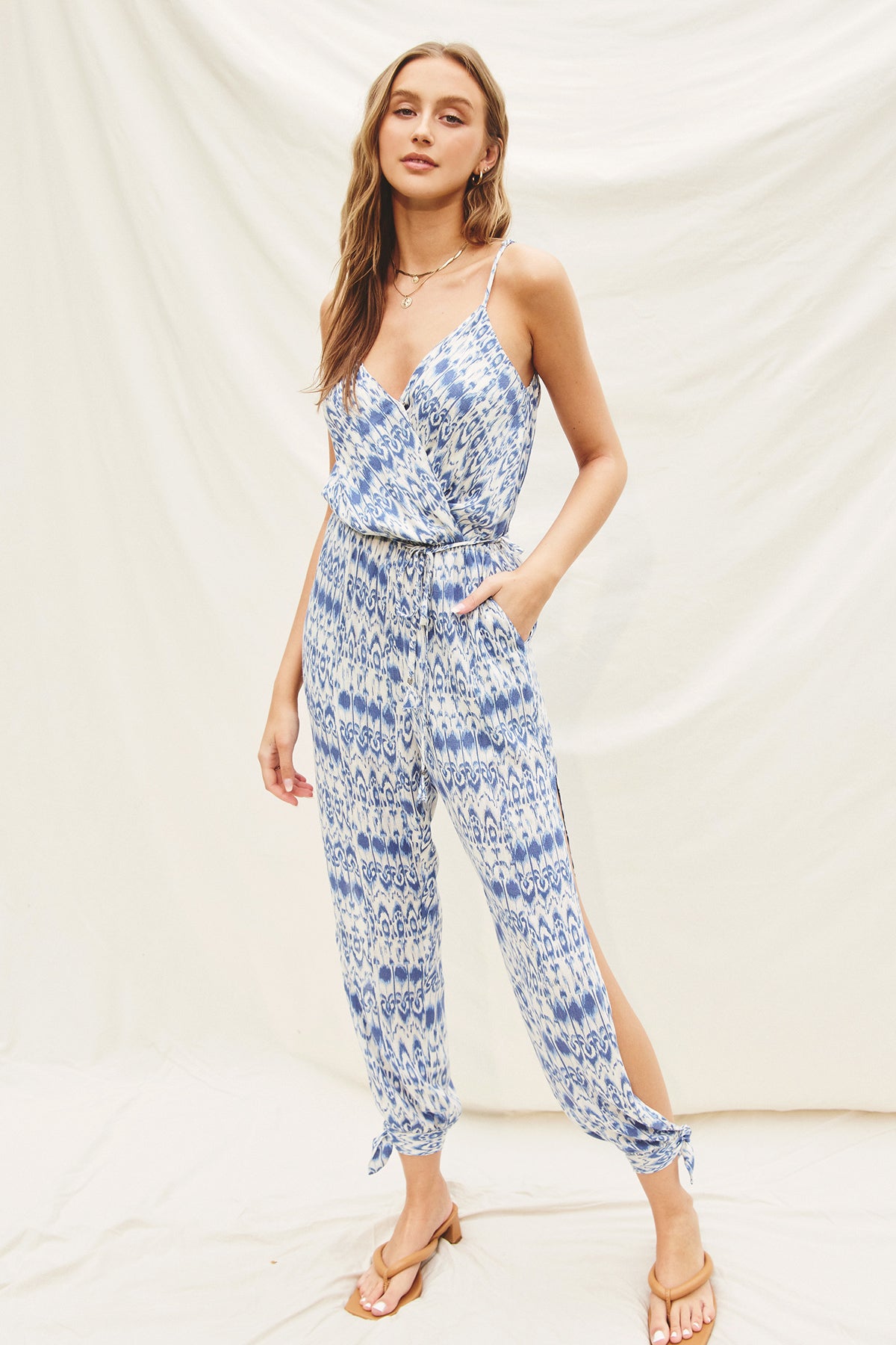 Oceans Away Surplice Tie Ankle Jumpsuit - Denim