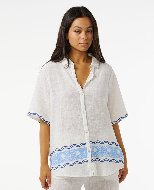 Santorini Sun Printed Short Sleeve Button-Down Shirt - Blue