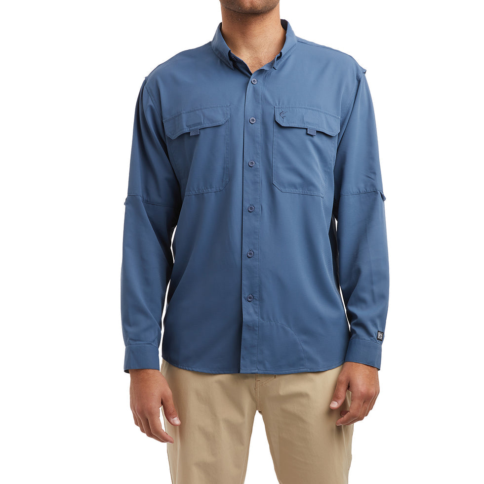 Keys Long Sleeve Button-Down Guide Fishing Shirt - Smokey Blue