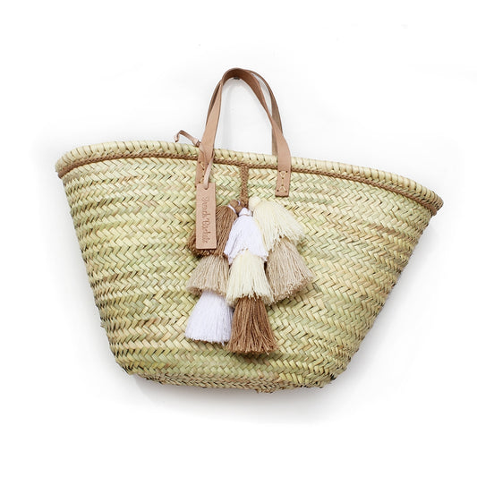 Beach Bag - Natural Straw with Natural Leather and White Tassels
