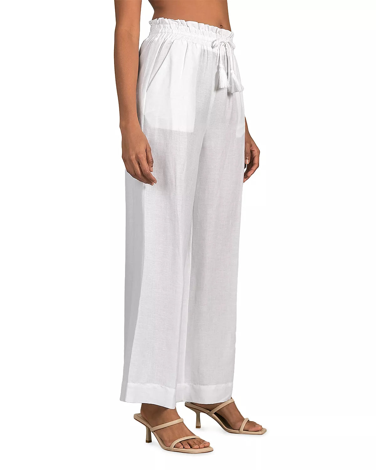 Wide Legs Drawstring Linen Pants with Slash Pockets - White