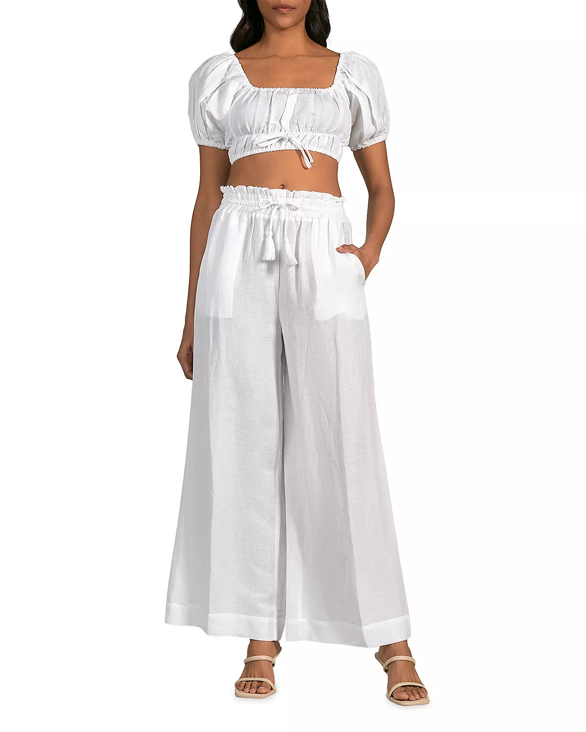 Wide Legs Drawstring Linen Pants with Slash Pockets - White
