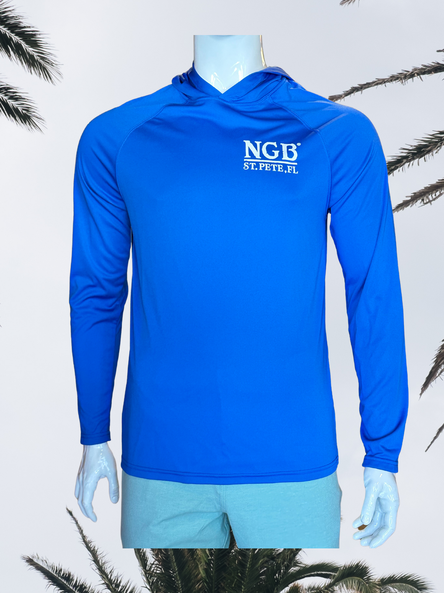 Long Sleeve UPF Sun Shirt with Hood - Royal Blue - White St. Pete Pelican