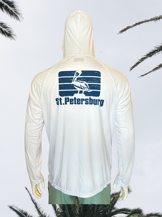 Long Sleeve UPF Sun Shirt with Hood - White - Blue St. Pete Pelican