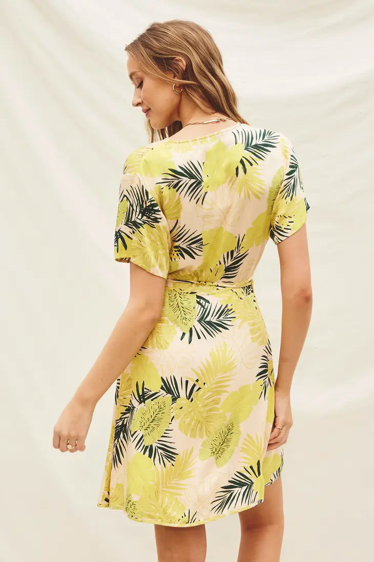 Tropical Daze Wrap Mini Dress - Apricot/Green