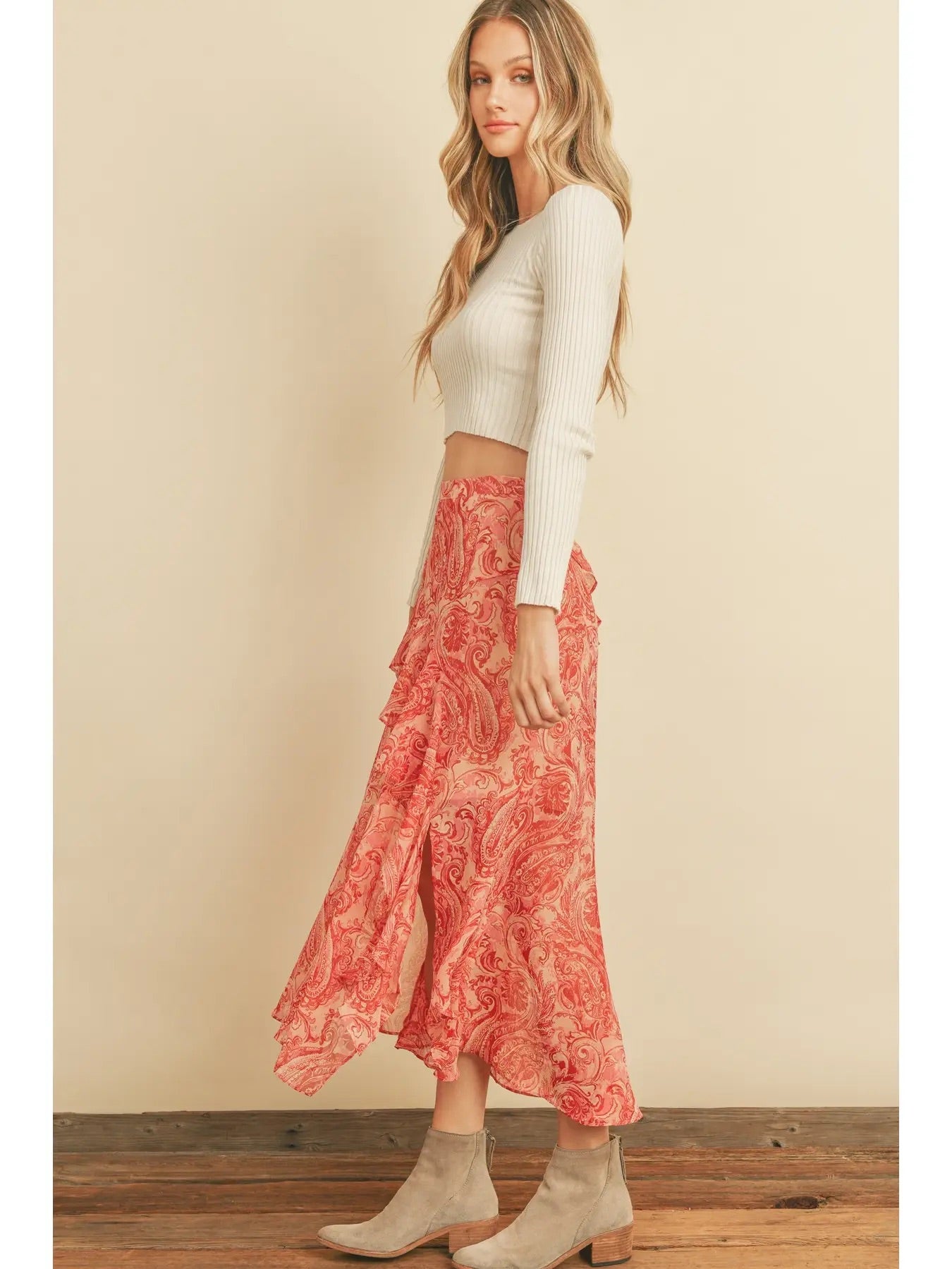 Love Lane Diagonal Ruffled Midi Skirt - Fiesta