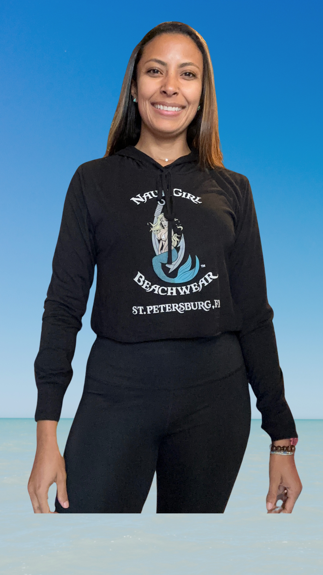 Women's Long Sleeve T-Shirt with Hood - Black - Kaia Logo (Front) - White Text