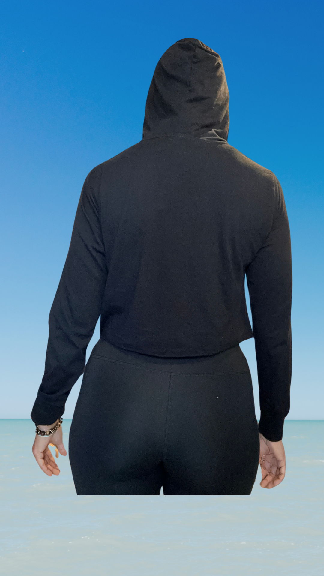 Women's Long Sleeve T-Shirt with Hood - Black - Kaia Logo (Front) - White Text