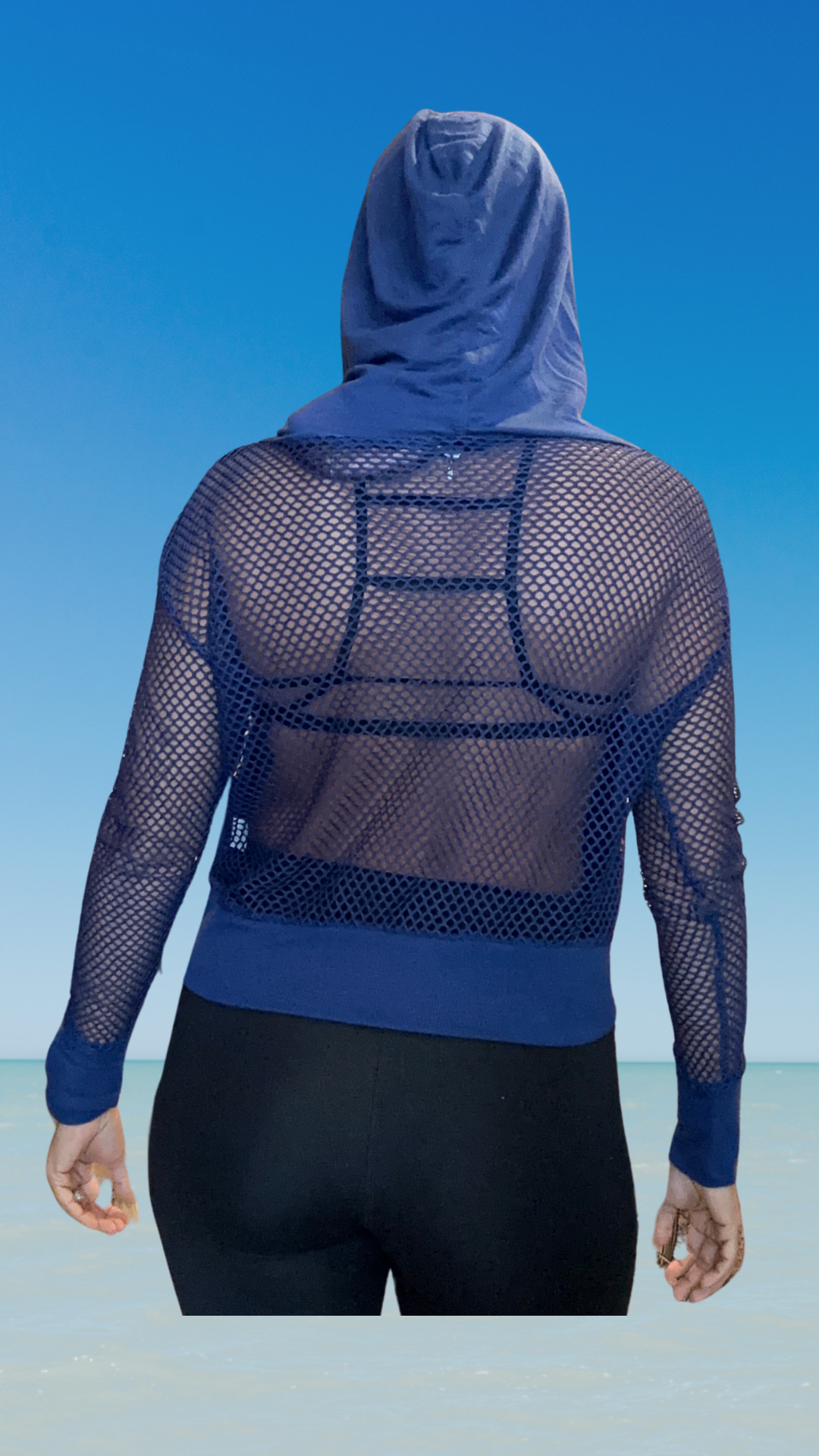 Women's Long Sleeve Mesh Hoodie - Navy - Kaia Logo (Front) - White Text