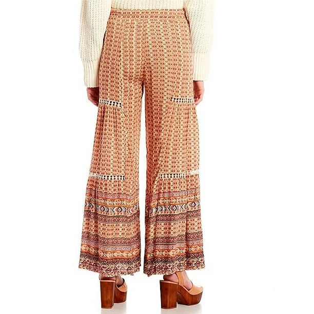Wide Leg Pants with Lace Inserts - Tan