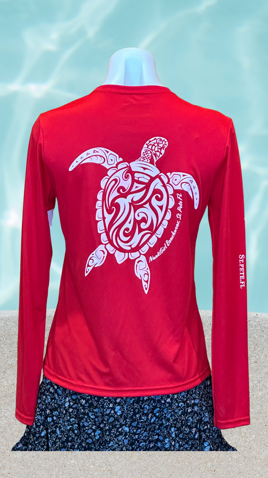 Women's Long Sleeve UPF Sun Shirt - Red - White Tribal Turtle
