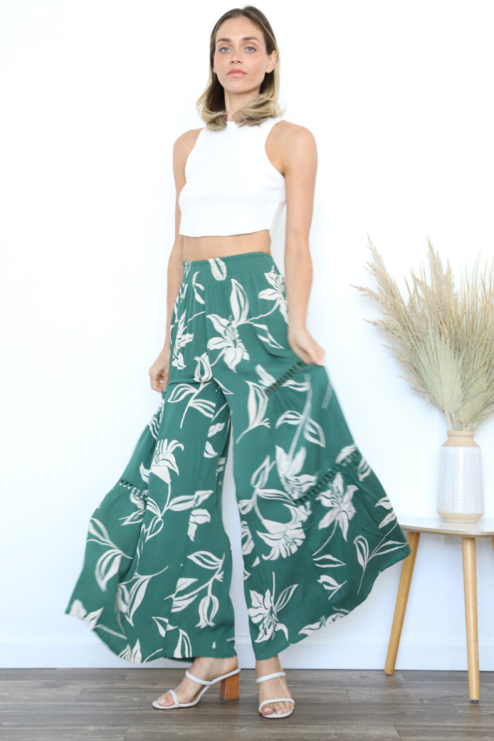Wide Leg Pants with Lace Inserts - Green