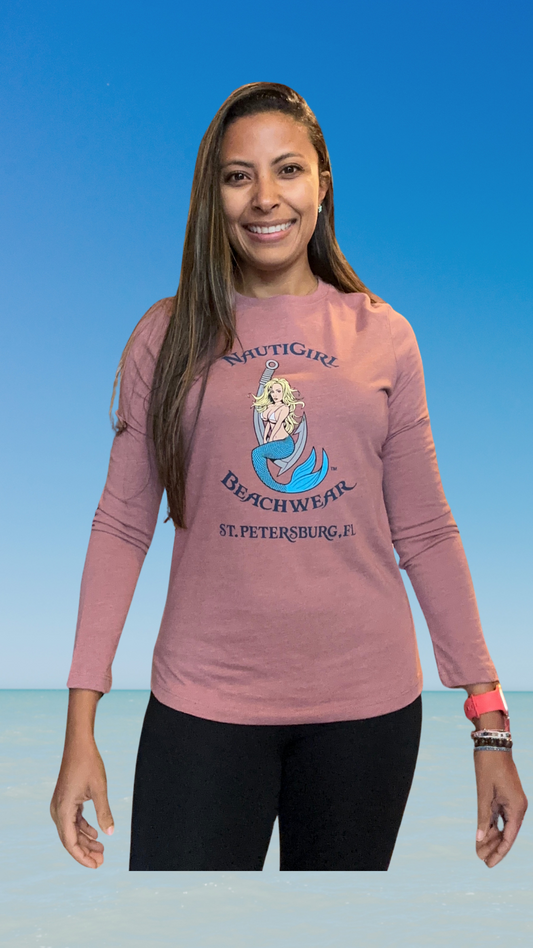 Women's Long Sleeve T-Shirt - Mauve - Kaia Logo (Front) - Blue Text