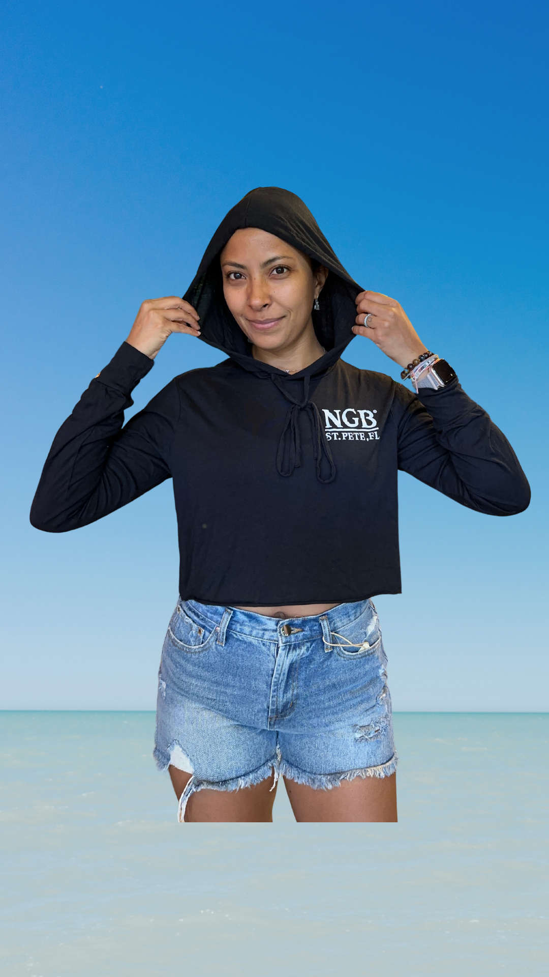 Women's Long Sleeve T-Shirt with Hood - Black - Kaia Logo- White Text