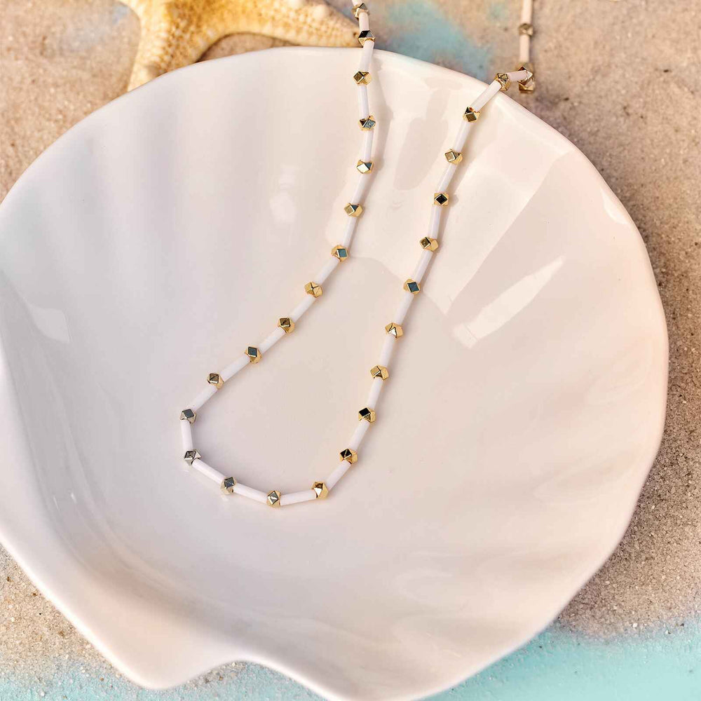 Necklace - Tube Bead Choker - Gold - White