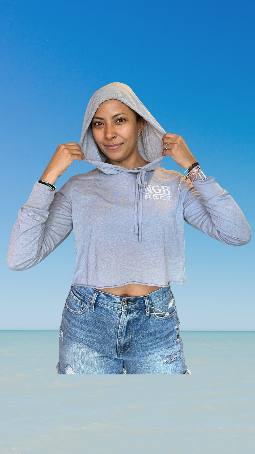 Women's Long Sleeve T-Shirt with Hood - Light Grey - Kaia Logo- White Text