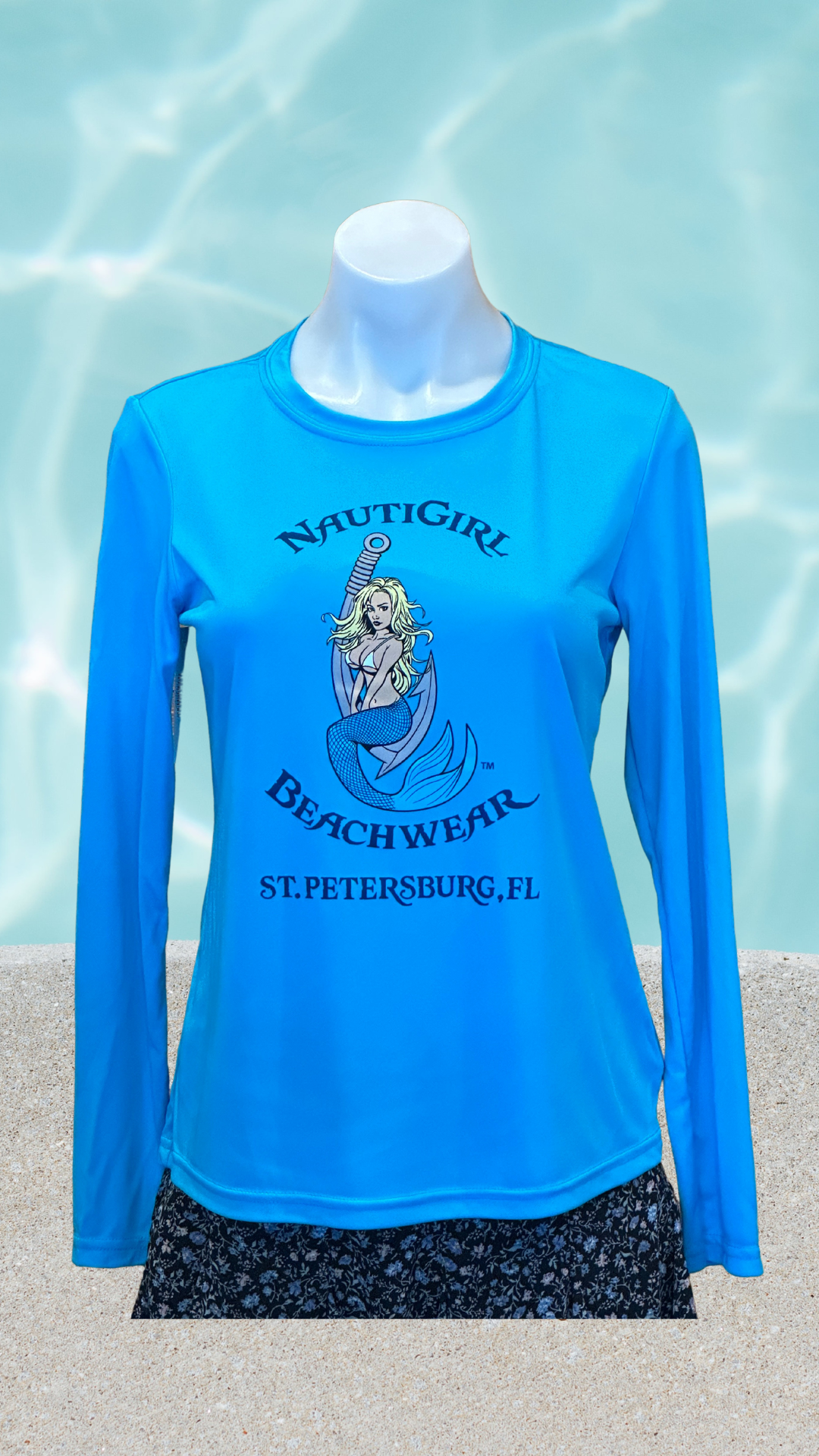 Women's Long Sleeve UPF Sun Shirt - Electric Blue - Kaia Logo (Front) - Blue Text