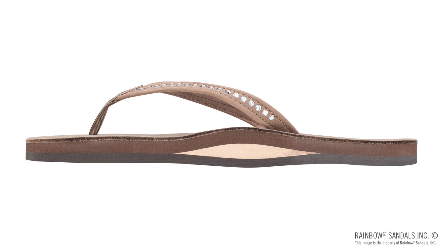 Single Arch Narrow Strap Crystal Sandals - Dark Brown