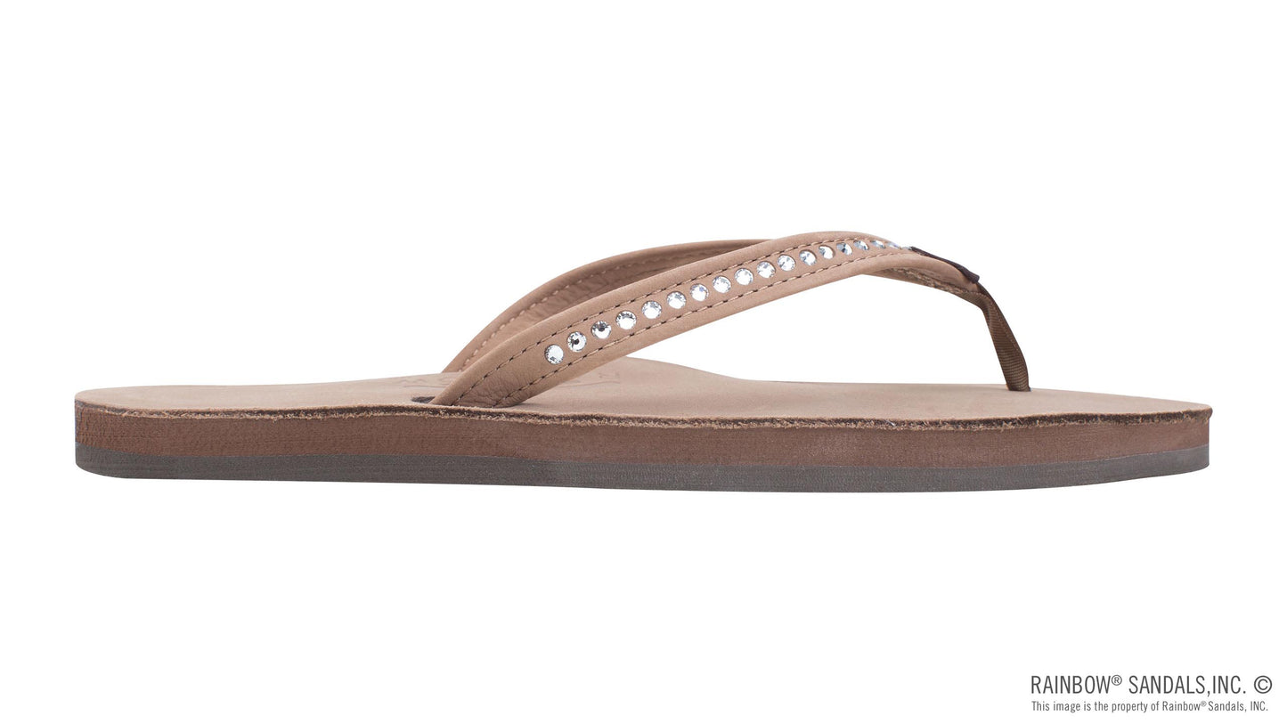 Single Arch Narrow Strap Crystal Sandals - Dark Brown