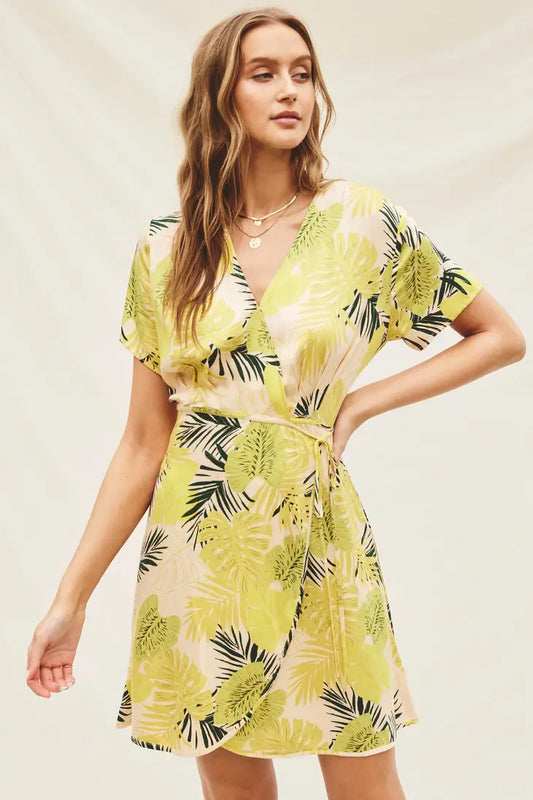 Tropical Daze Wrap Mini Dress - Apricot/Green