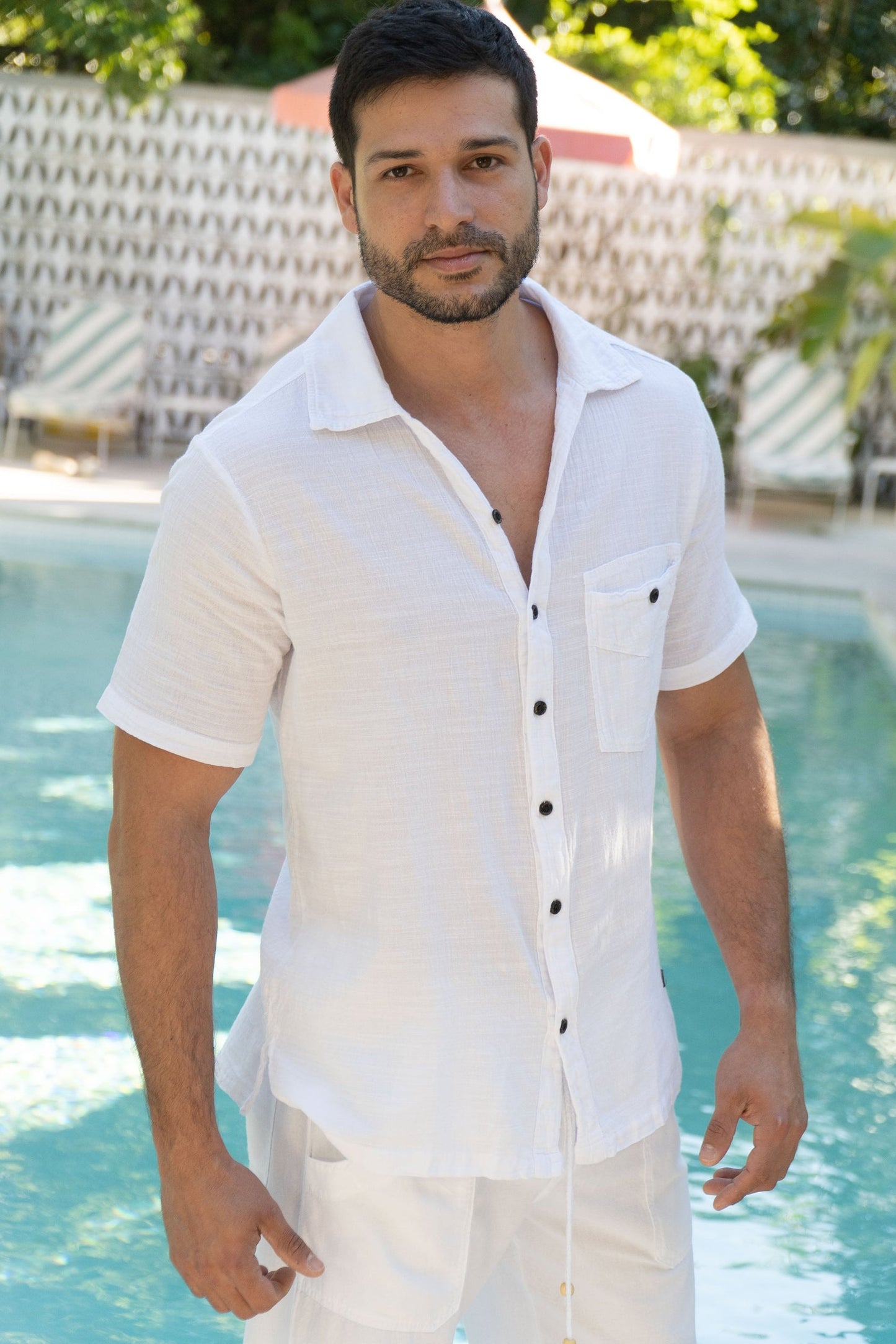 Short Sleeve Button-Down Shirt with Button Pocket - White