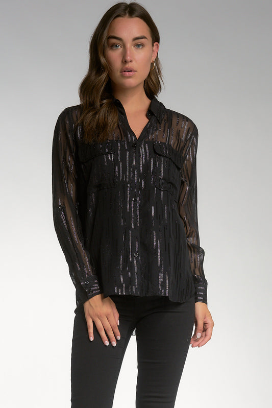 Long Sleeve Button-Down Shirt with Pockets - Black Shimmer