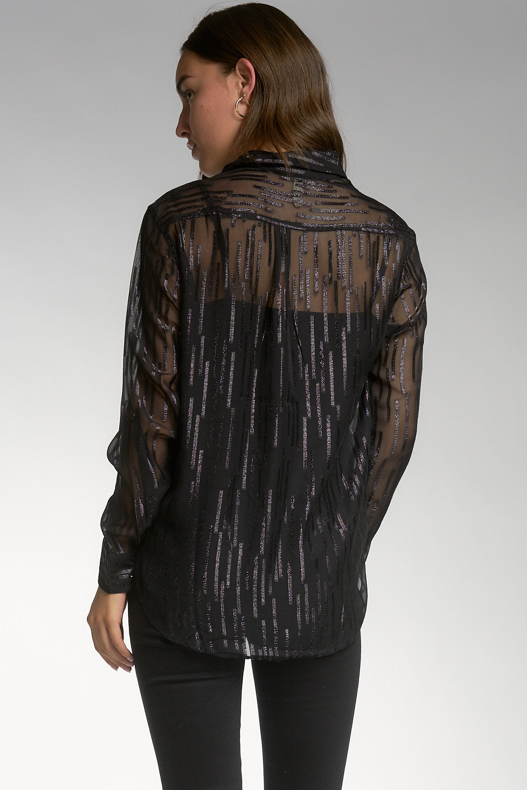 Long Sleeve Button-Down Shirt with Pockets - Black Shimmer