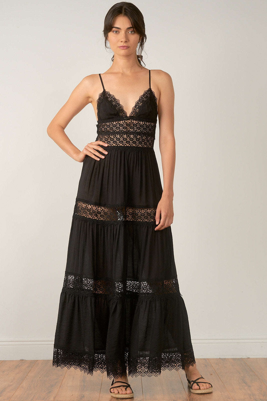 Tiered Lace Maxi Dress - Black