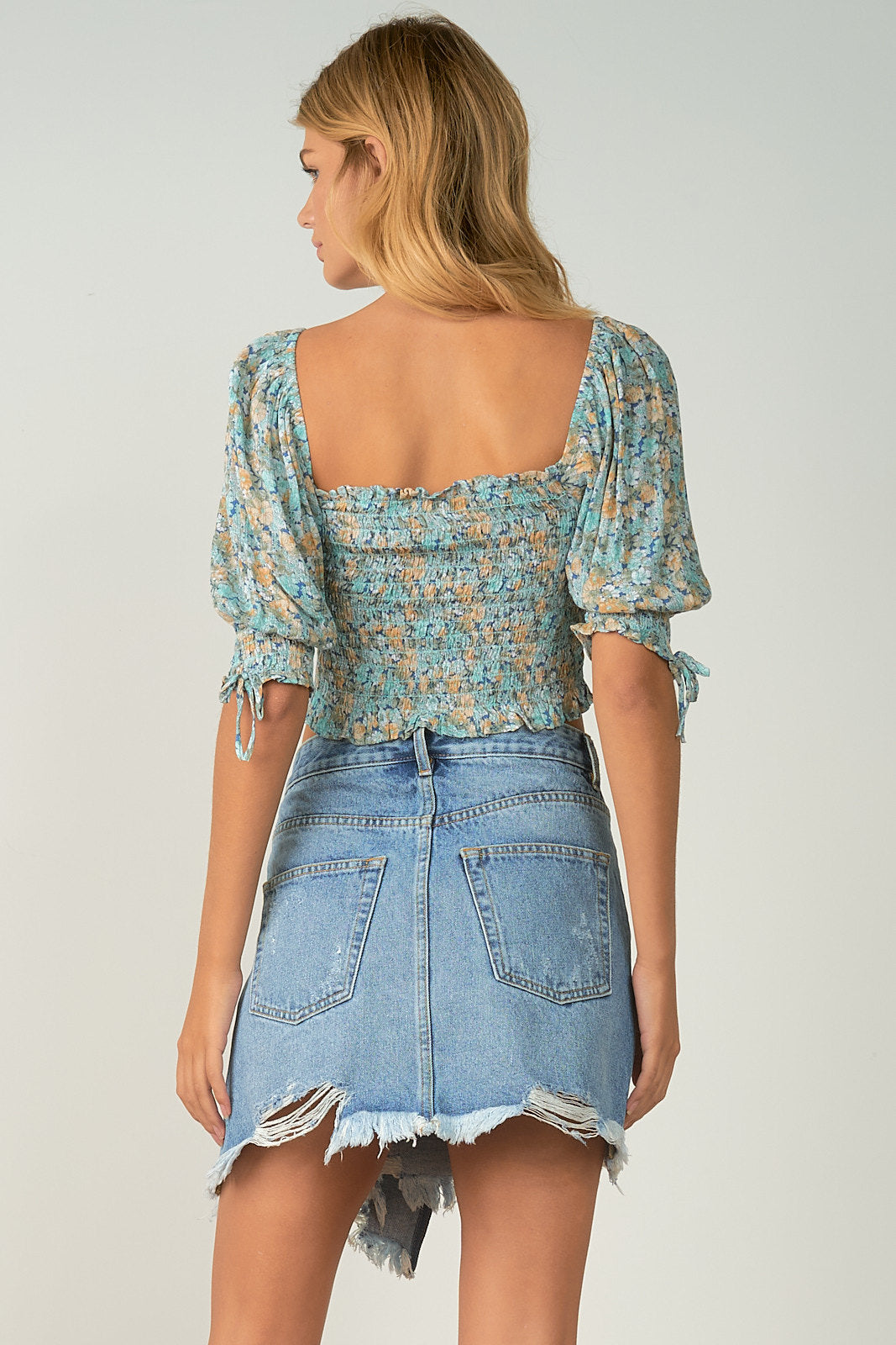 Elan SS Puff Shoulder Top - Aqua Floral