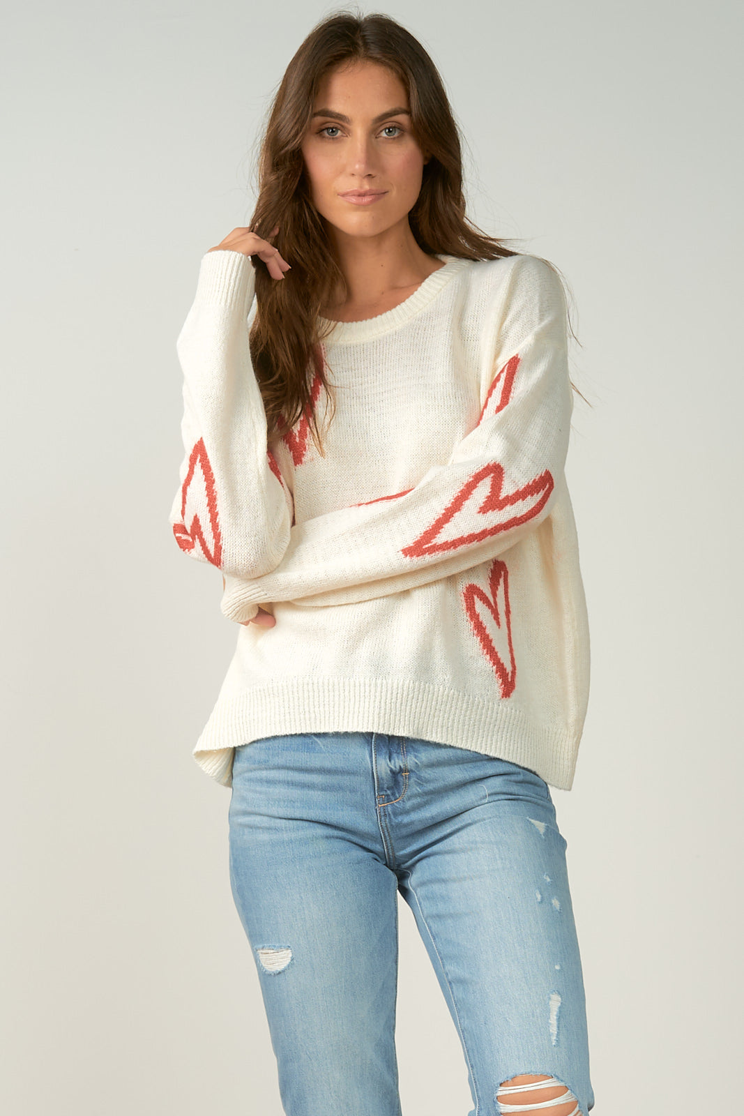 Long Sleeve Printed Sweater - Off White/Heart