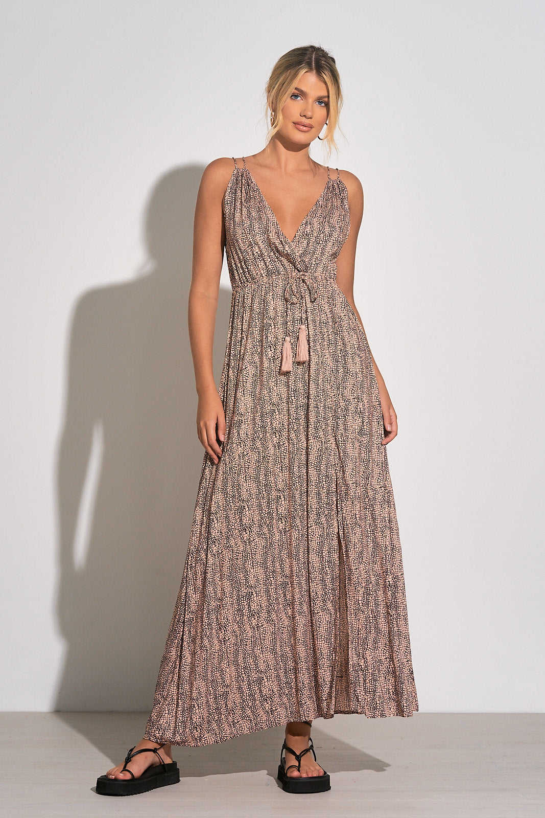 V-Neck Tie Back Maxi Dress - Pink/Brown