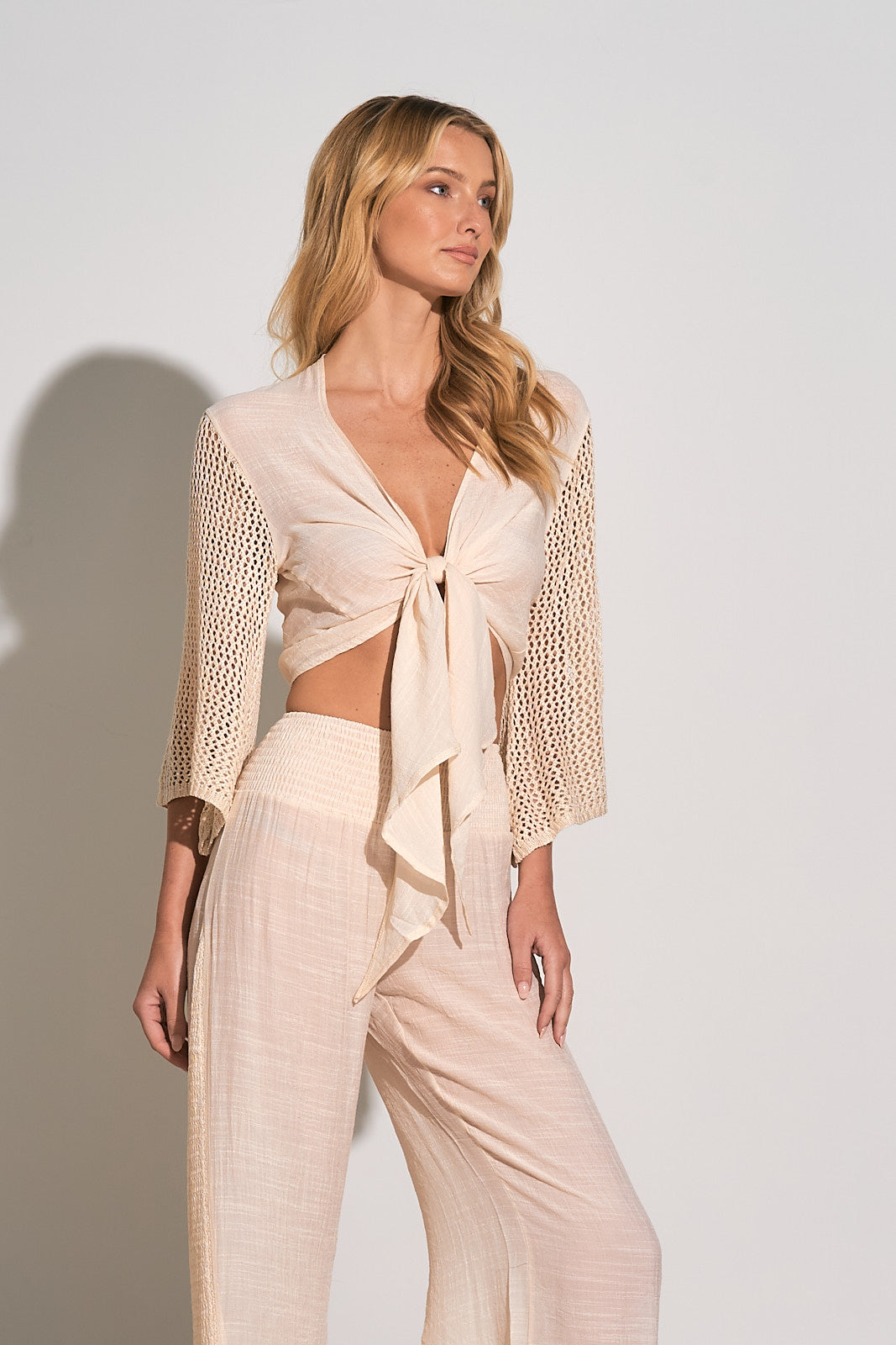 Crochet Long Sleeve Tie Front Crop Top Coverup - Natural