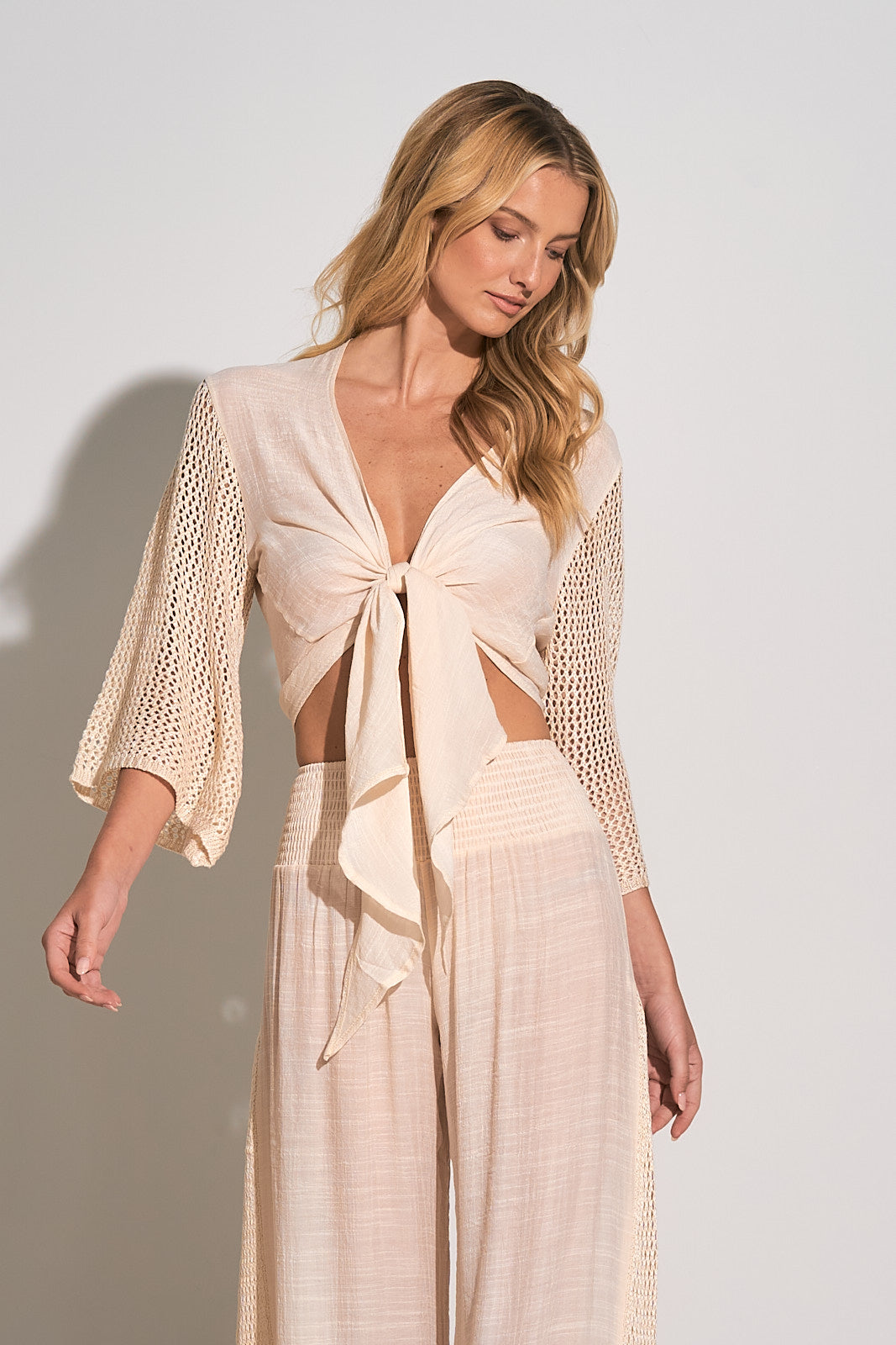 Crochet Long Sleeve Tie Front Crop Top Coverup - Natural