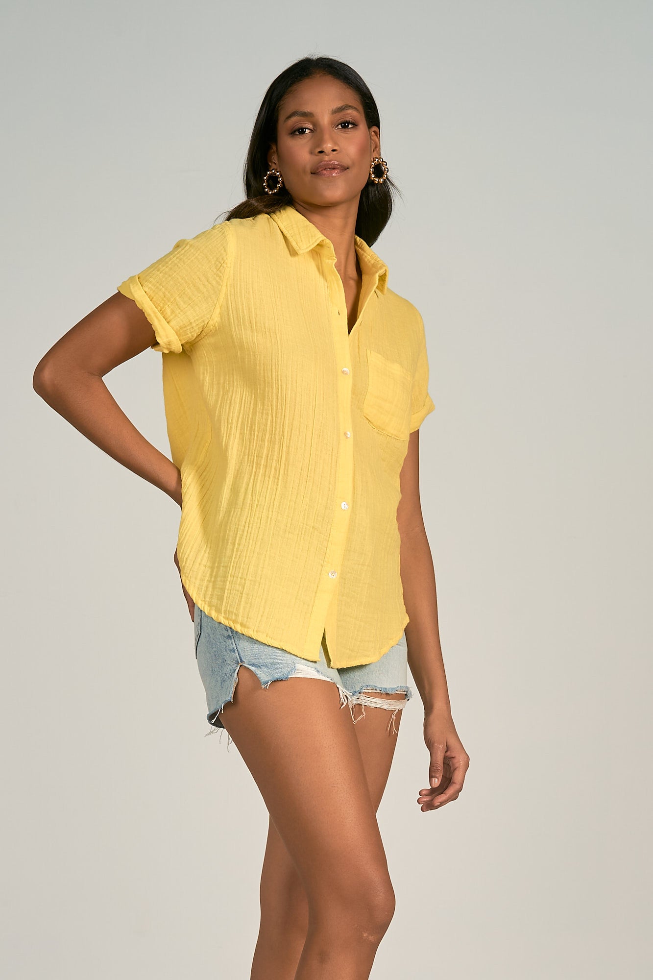 Short Sleeve Button-Down Shirt with Pocket - Yellow