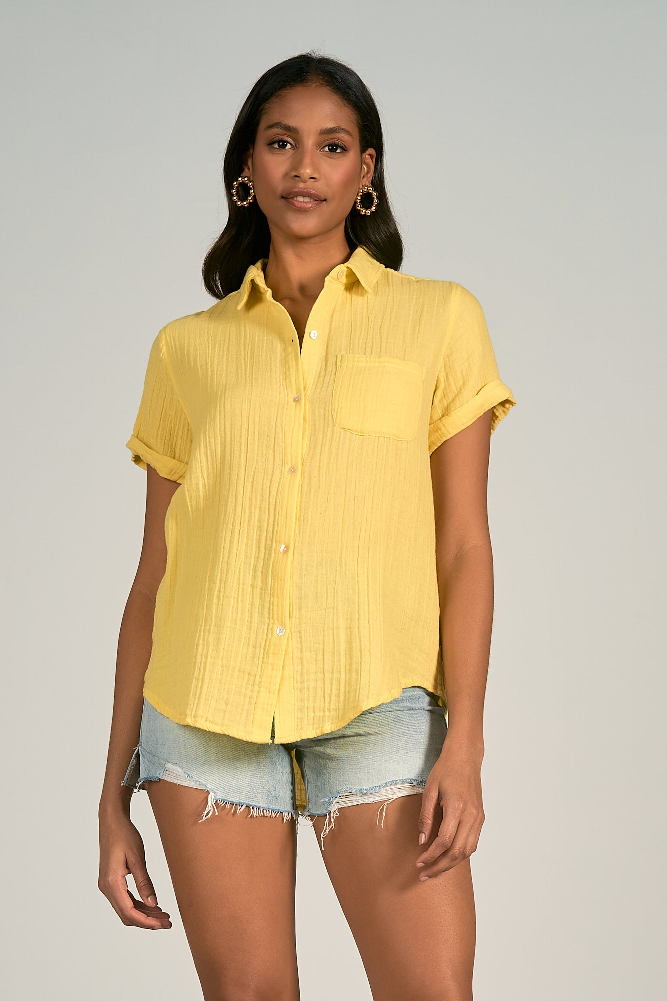 Short Sleeve Button-Down Shirt with Pocket - Yellow