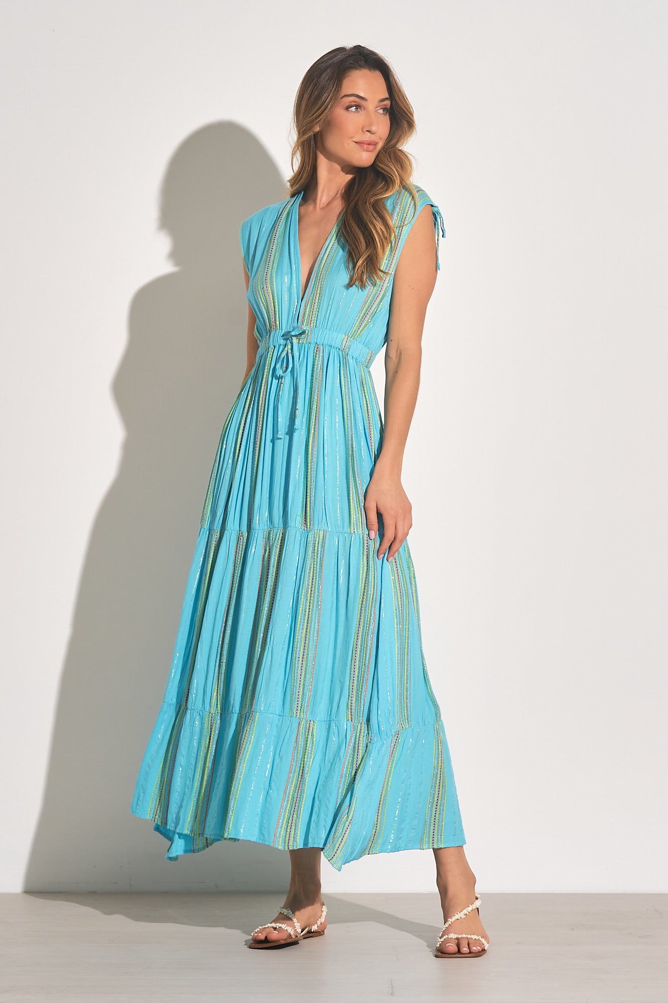 Deep V-Neck Maxi Dress - Aqua Lime Stripe