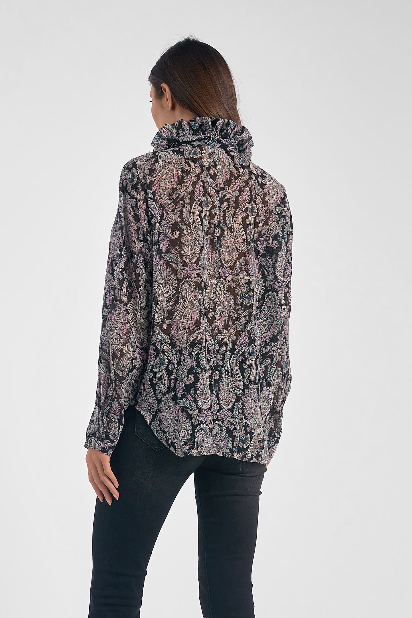 Sheer Long Sleeve V-Neck Top - Black Paisley