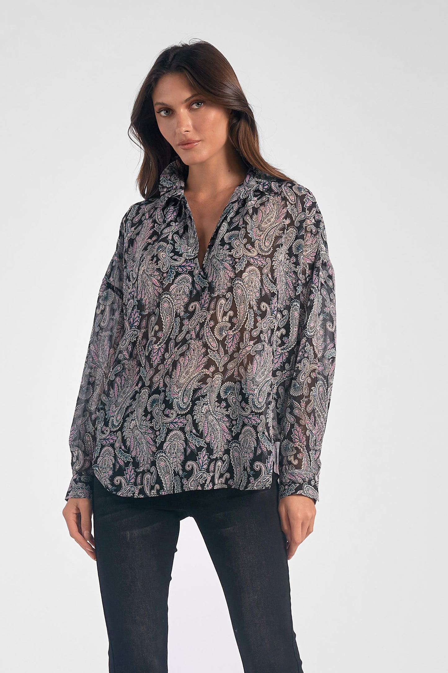 Sheer Long Sleeve V-Neck Top - Black Paisley