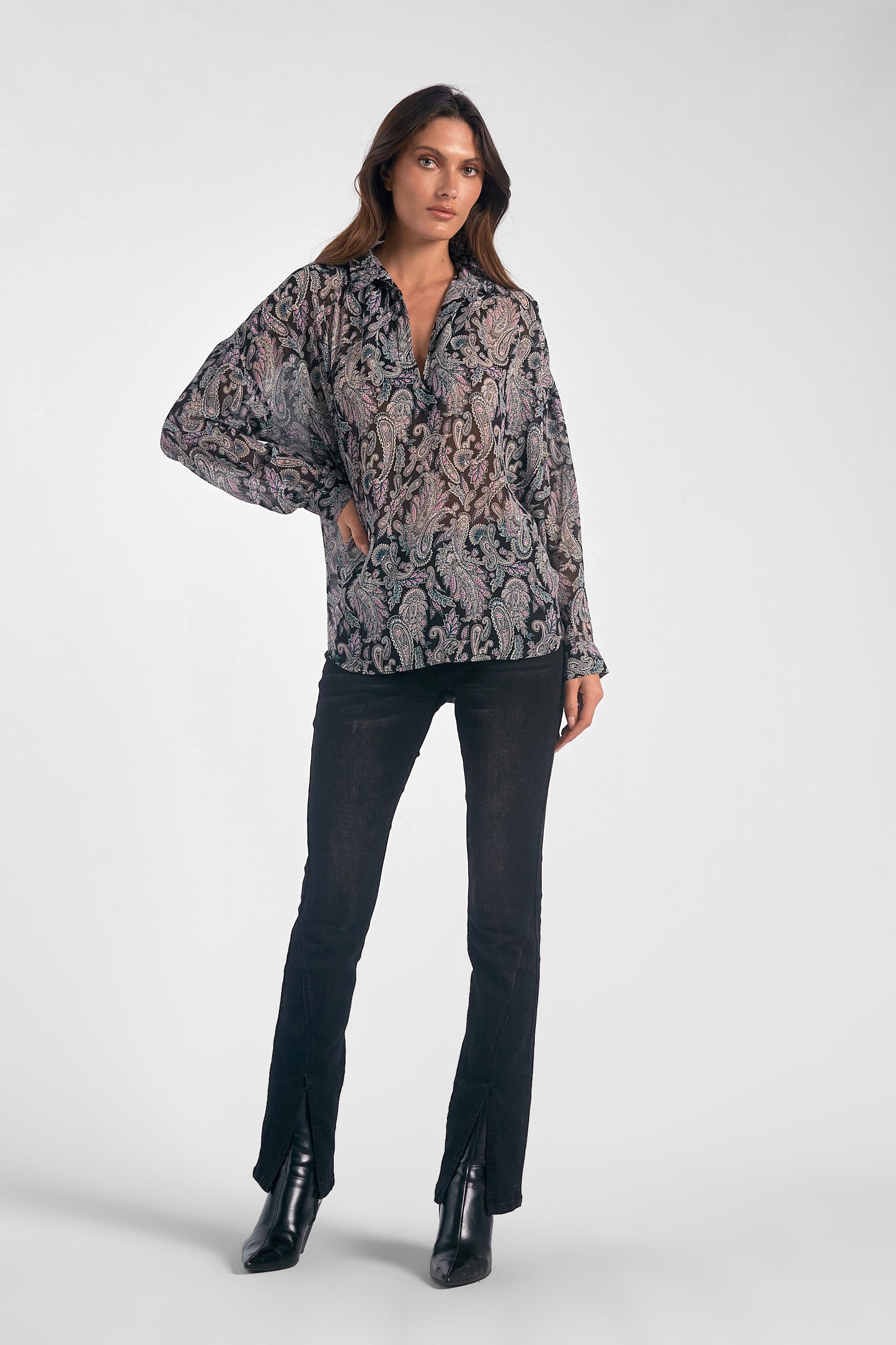 Sheer Long Sleeve V-Neck Top - Black Paisley