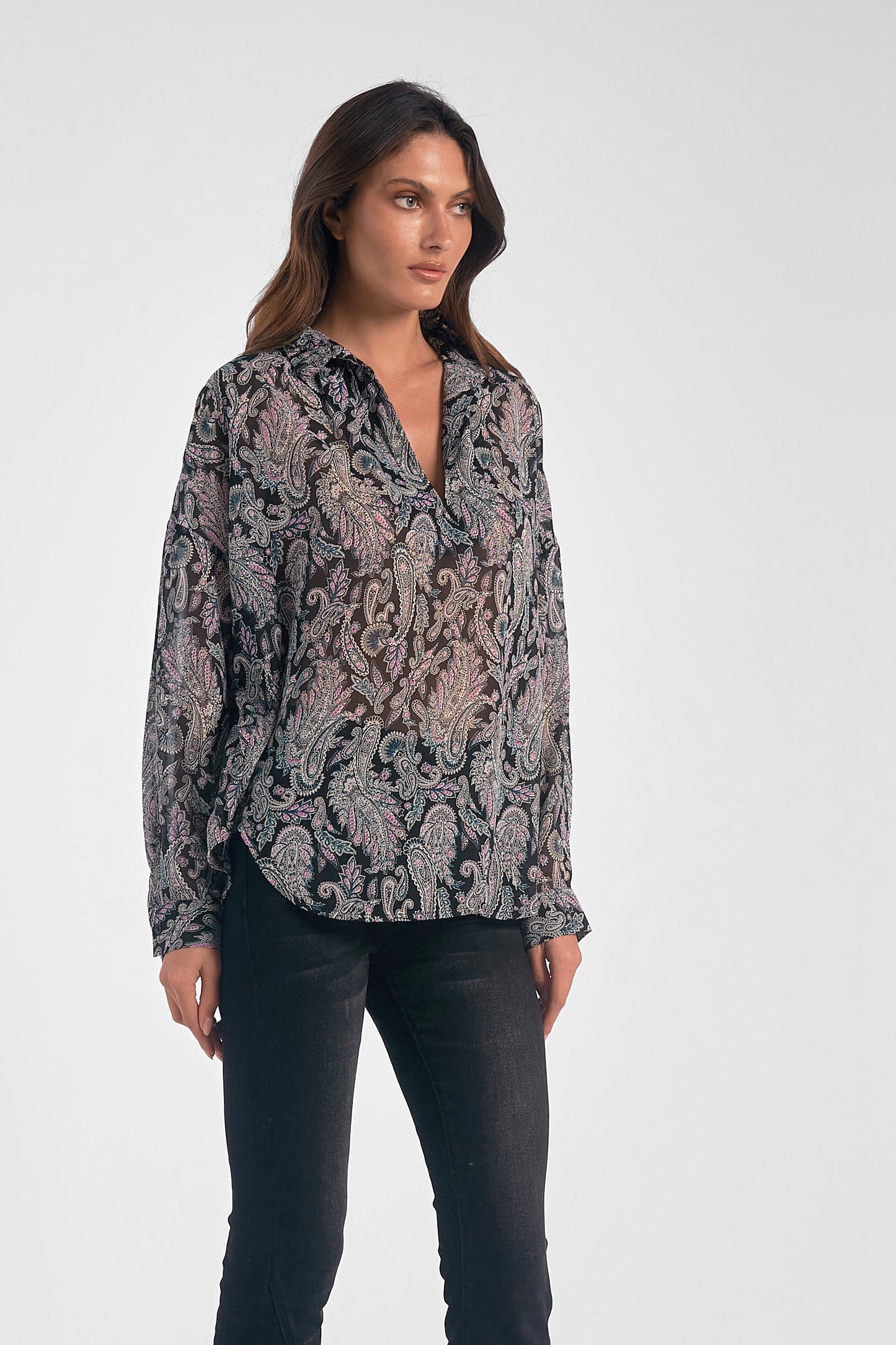 Sheer Long Sleeve V-Neck Top - Black Paisley