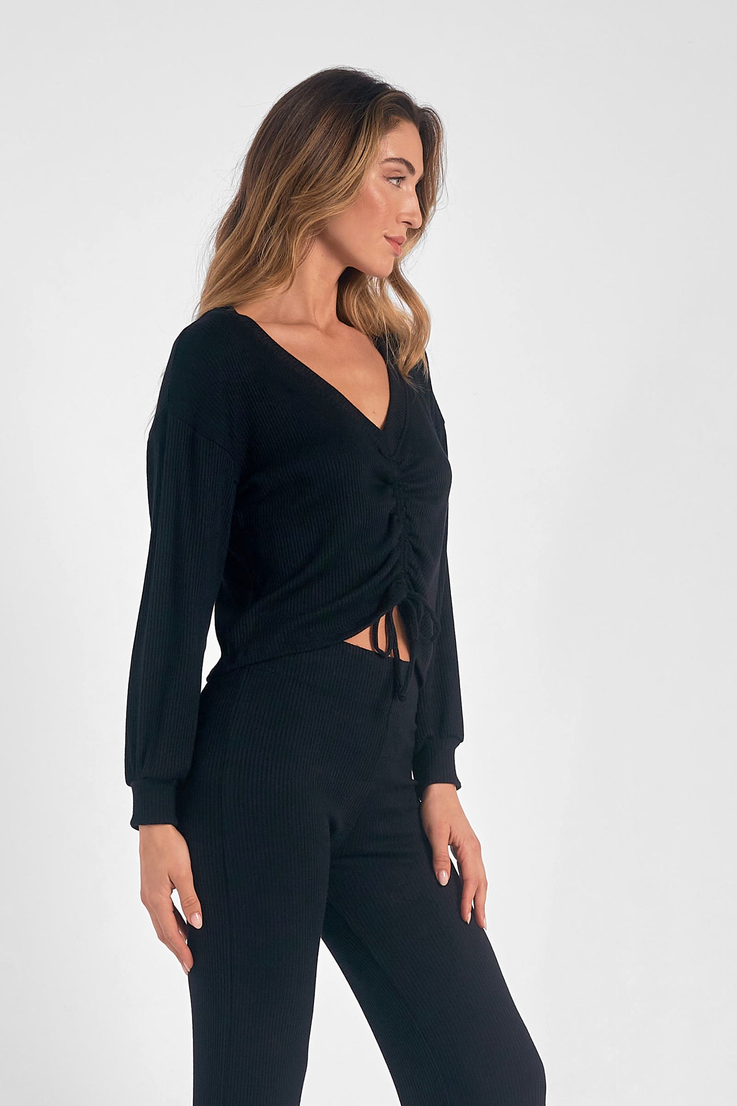 Front Drawstring Ruched V-Neck Top - Black