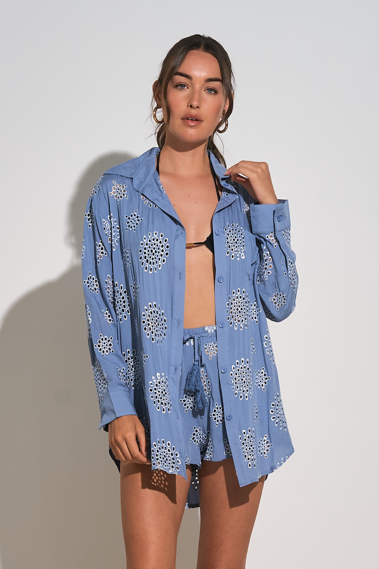 Long Sleeve Button-Down Eyelet Shirt Coverup - Blue